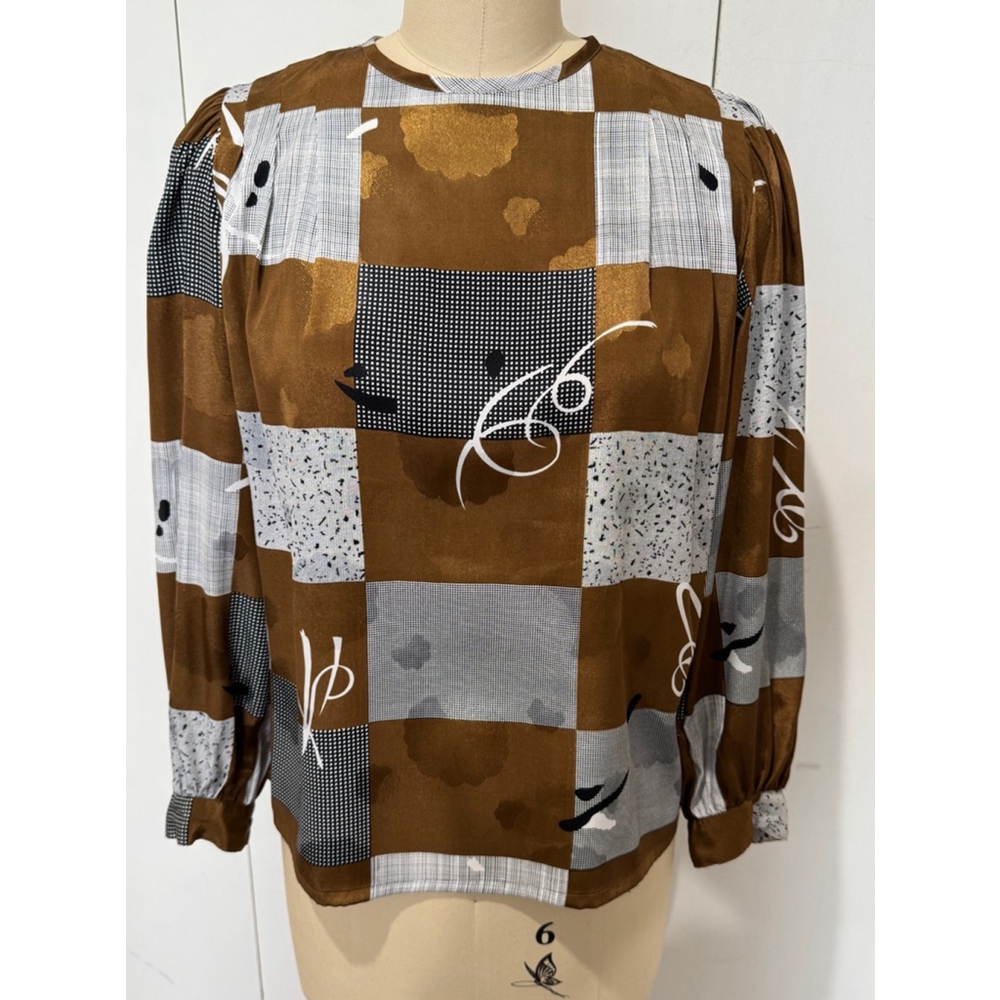 Nicola silky long sleeve Blouse Sz 6P Brown, black & white patchwork print